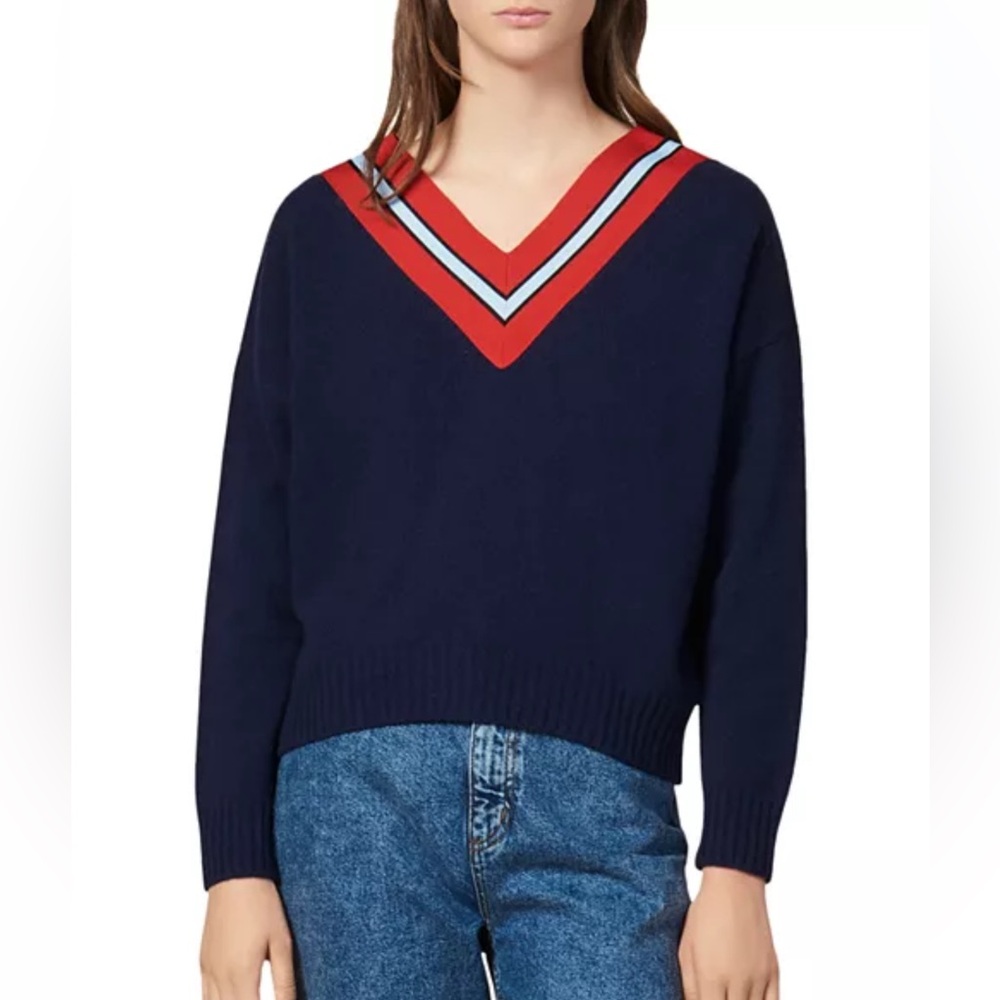 Sandro Striped V-Neck Wool-Blend Sweater small